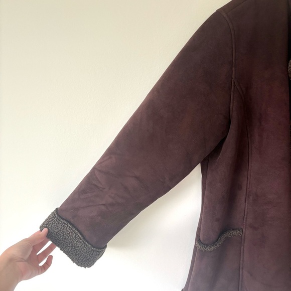 L.L. Bean Women’s Brown Faux Suede Button Up Pea Coat Sherpa Lining Chore Jacket - Picture 6 of 10
